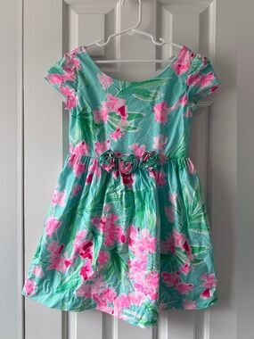 Lilly Pulitzer Aqua Floral Girls Dress with Pink Blossoms size 8 EUC